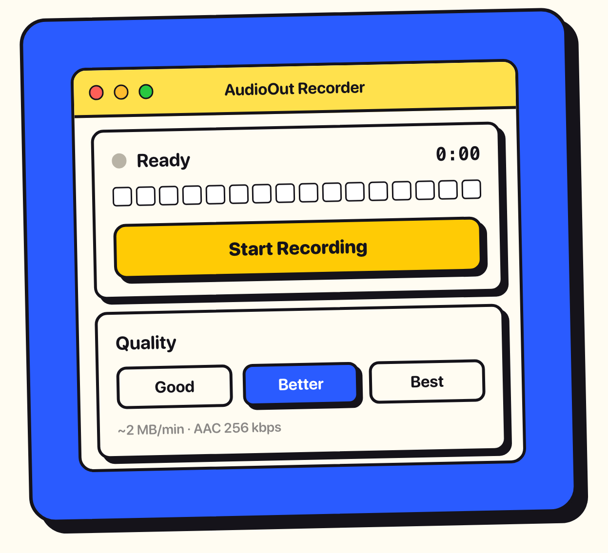 The AudioOut Recorder window, ready to record