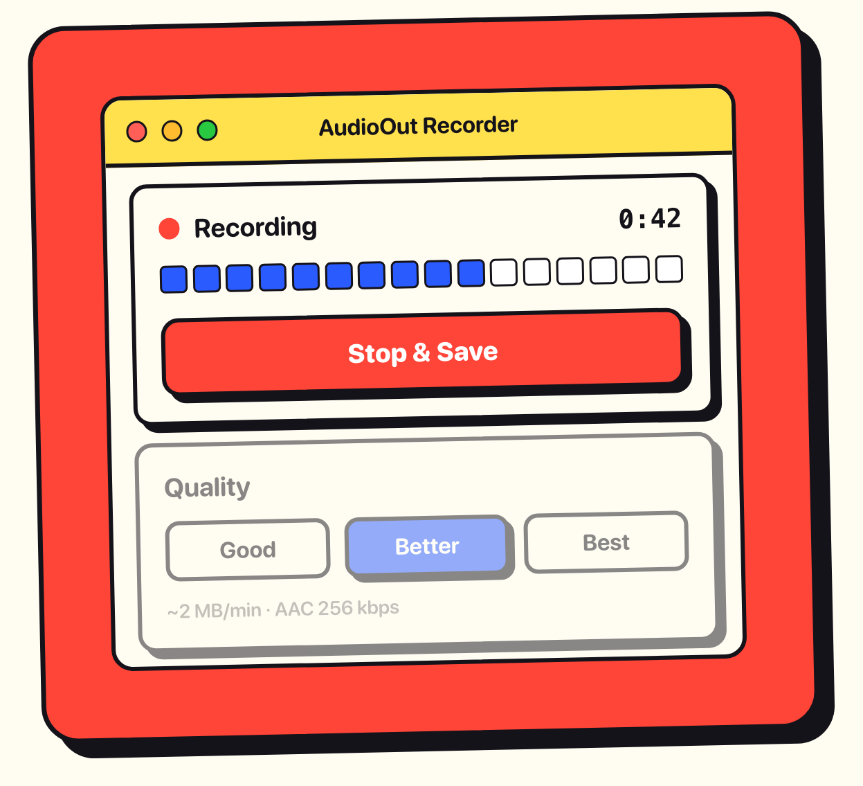 The app recording, showing a live level meter and timer